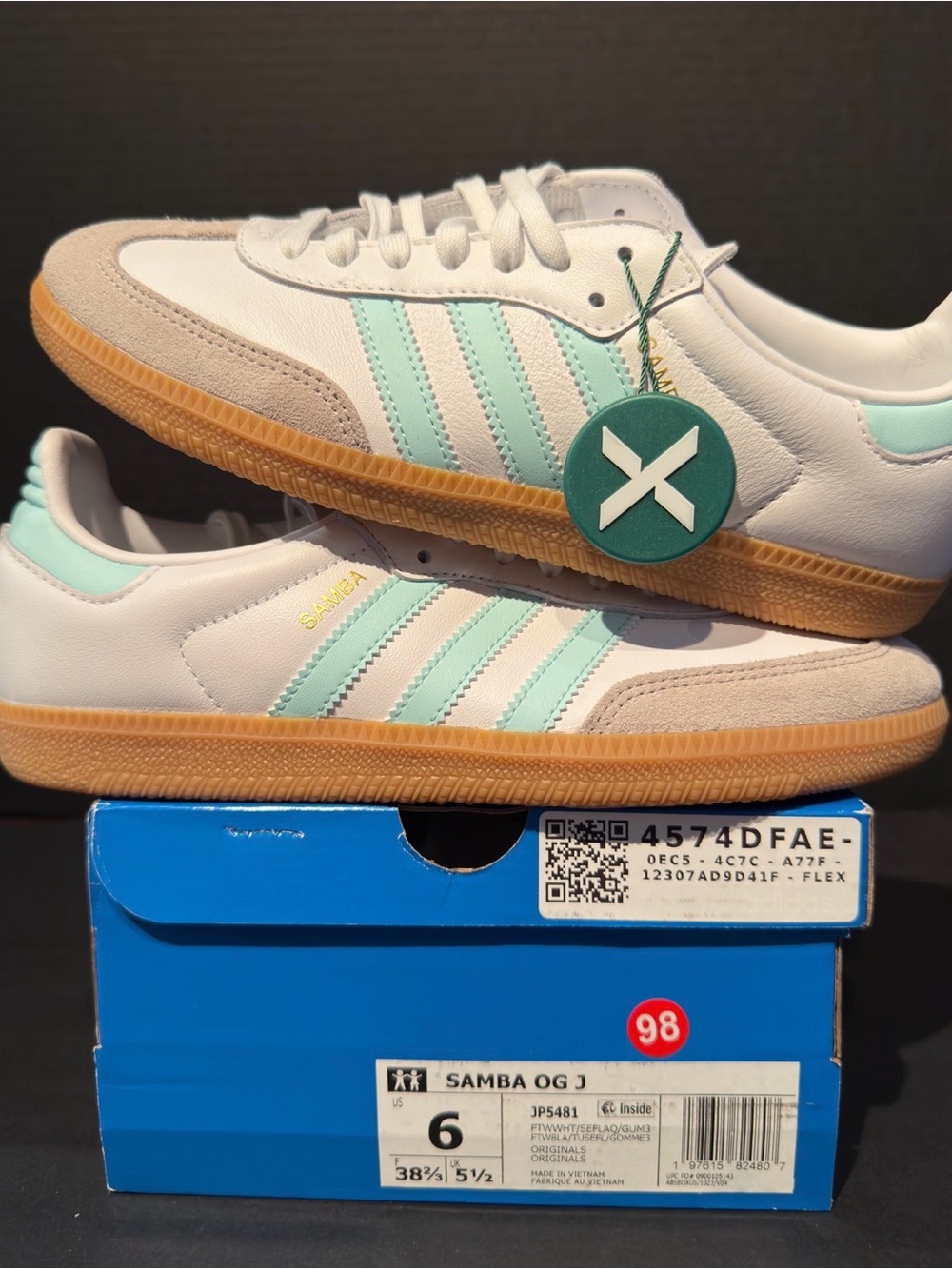 adidas Kids White Mint Samba OG Casual Sneakers 6Y/7W